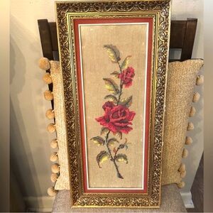 Framed Floral Roses Needlepoint Art embroidery Vintage Heritage Cottagecore